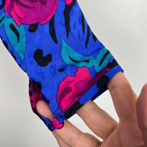 Vintage 80 A.J. Bari Blue Silk Party Dress Animal Print Floral Bow Designer Sz 6 - Picture 10 of 10